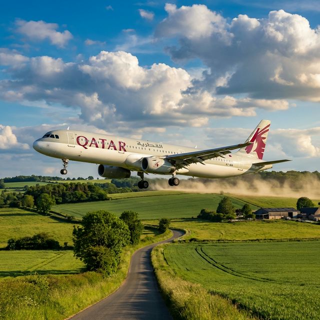 Qatar Airways airplane soaring low over lush green countryside